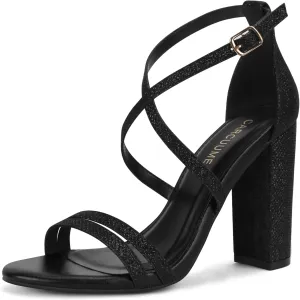 Carcuume Women's Strappy Heels 4-inch Chunky Block Heel Open Toe Ankle Strap Comfortable Party Wedding Shoes