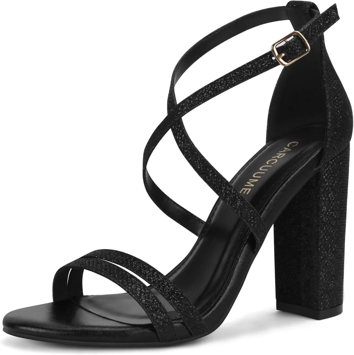 Carcuume Women's Strappy Heels 4-inch Chunky Block Heel Open Toe Ankle Strap Comfortable Party Wedding Shoes