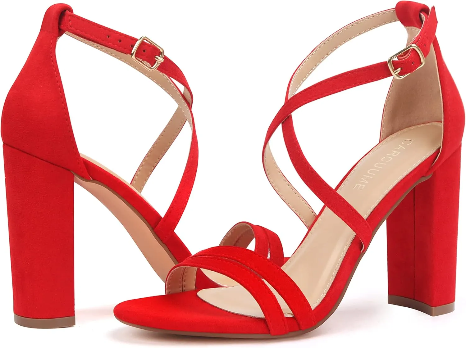 Carcuume Women's Strappy Heels 4-inch Chunky Block Heel Open Toe Ankle Strap Comfortable Party Wedding Shoes