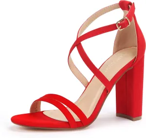 Carcuume Women's Strappy Heels 4-inch Chunky Block Heel Open Toe Ankle Strap Comfortable Party Wedding Shoes
