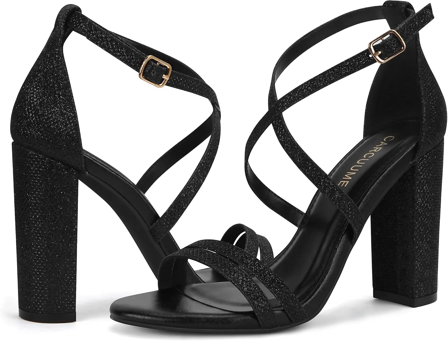 Carcuume Women's Strappy Heels 4-inch Chunky Block Heel Open Toe Ankle Strap Comfortable Party Wedding Shoes