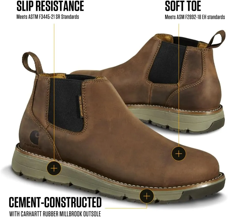 Carhartt Millbrook Water Resistant Romeo Wedge Boot - Work Boots for Men in Brown Oil Tanned Leather, with 4" Shaft, Cement Construction, FastDry, and Slip Resistant & Electrical Hazard Resistant