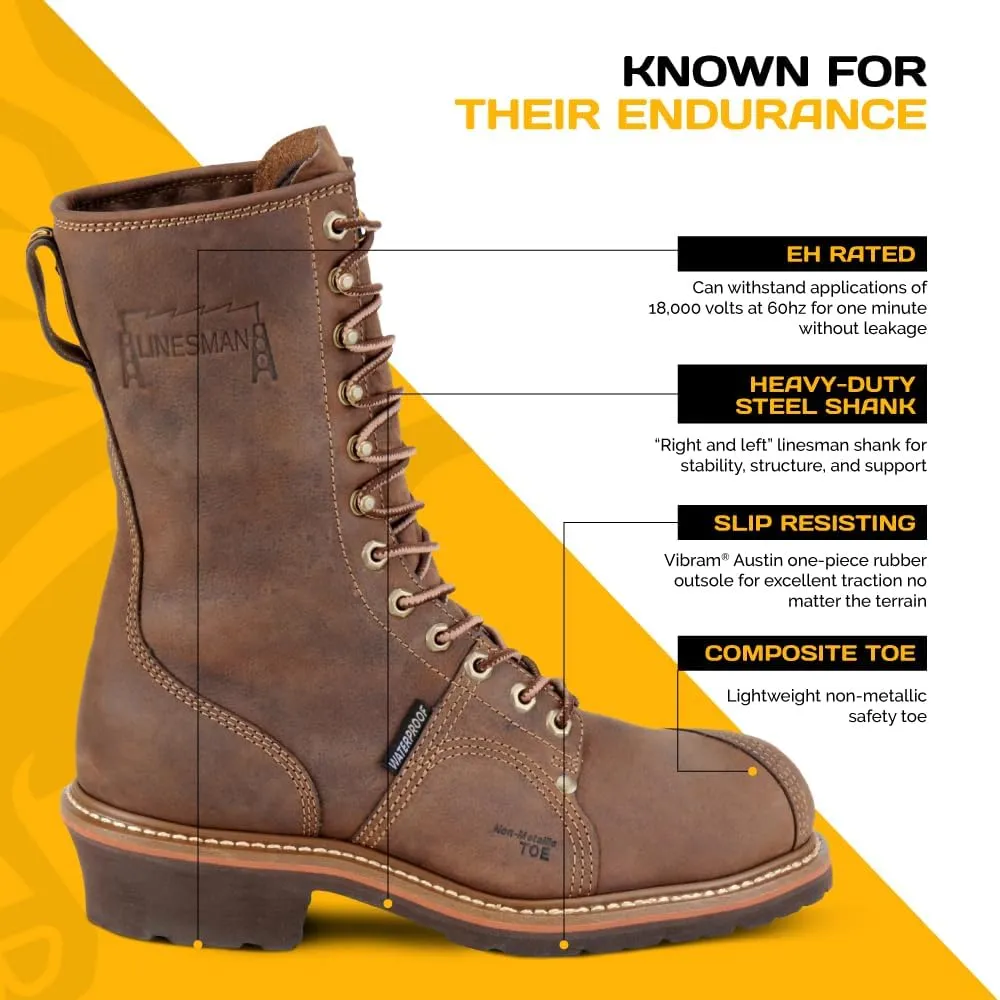 Carolina Boots Linesman 10" Composite Toe Waterproof Work Boot for Men - Durable, Slip-Resistant, Ideal for Construction & Outdoor Work