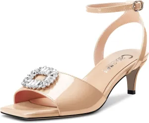 Castamere Women Mid Kitten Heel Open Toe Ankle Strap Sandals Rhinestone Crystal Wedding Dress 2.0 Inches Heels