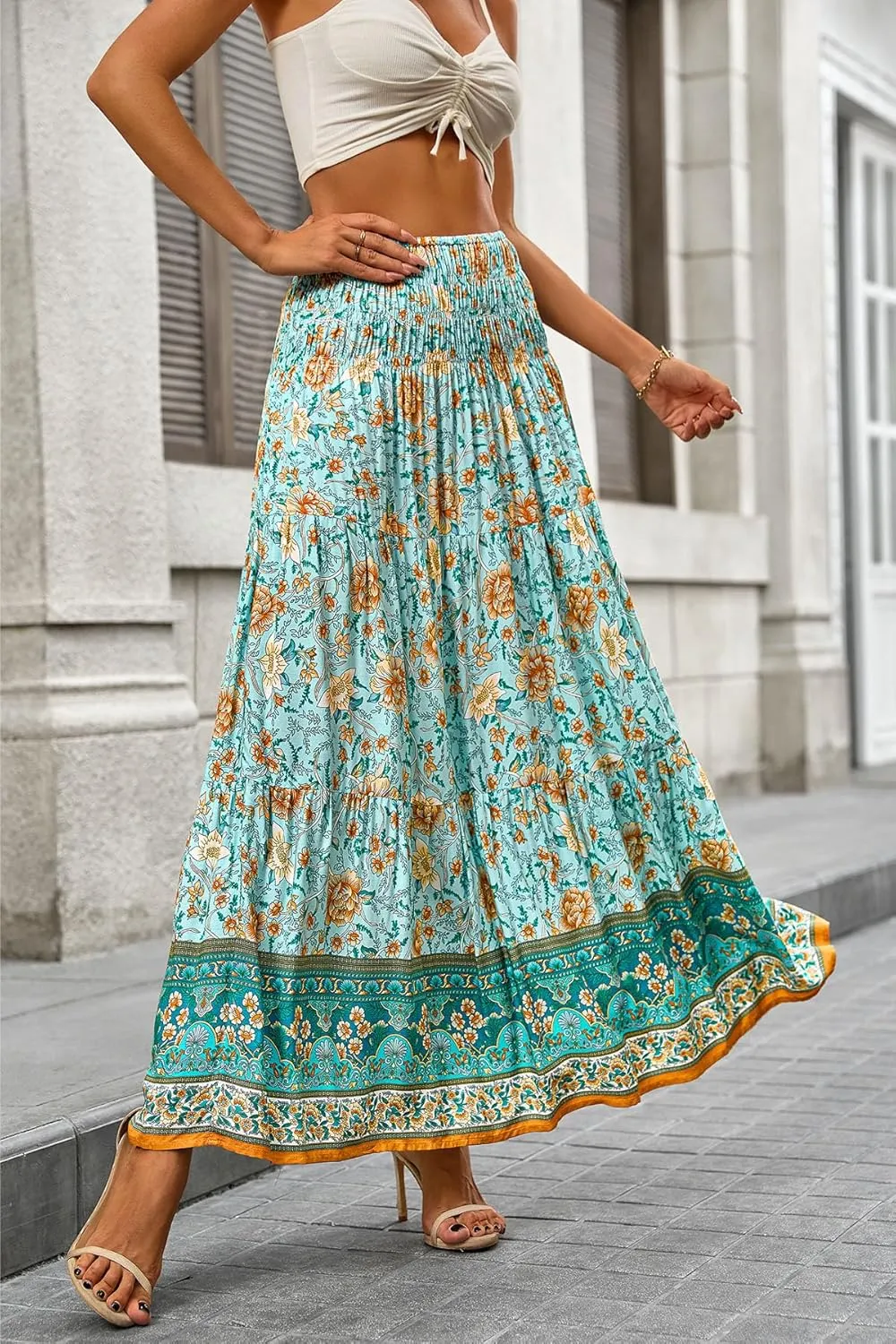 CFLONGE Women's 2025 Bohemian Long Skirts Flowy High Waist A Line Maxi Skirts for Women Summer Pleated Mini Skirts