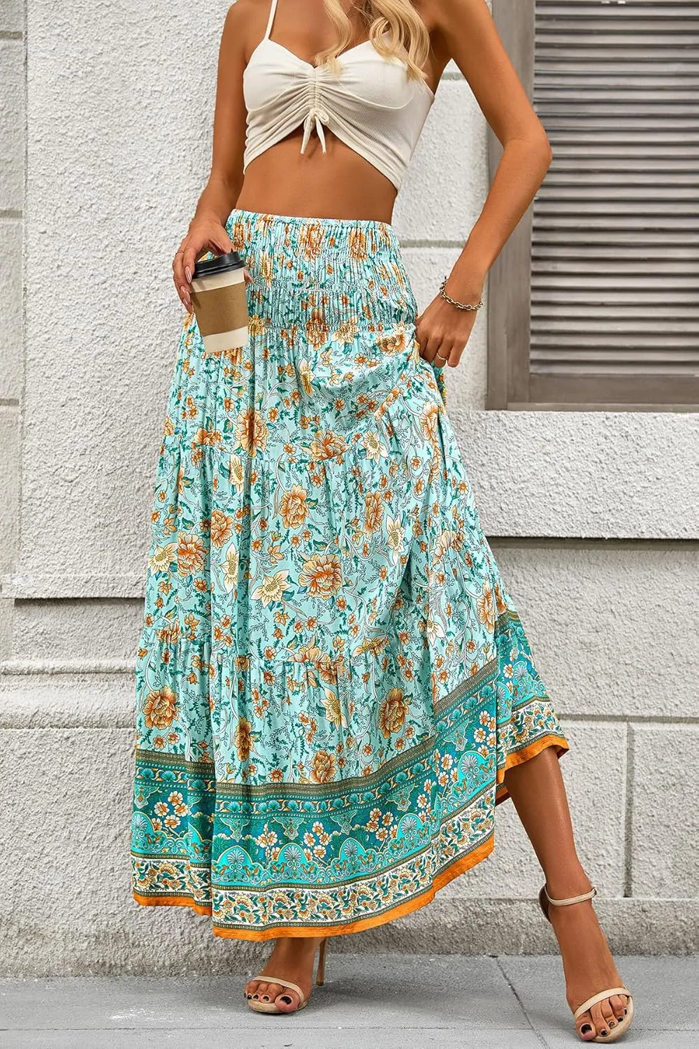 CFLONGE Women's 2025 Bohemian Long Skirts Flowy High Waist A Line Maxi Skirts for Women Summer Pleated Mini Skirts
