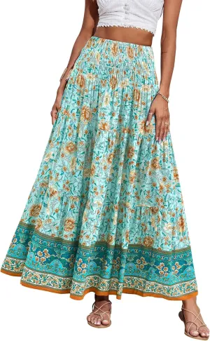 CFLONGE Women's 2025 Bohemian Long Skirts Flowy High Waist A Line Maxi Skirts for Women Summer Pleated Mini Skirts