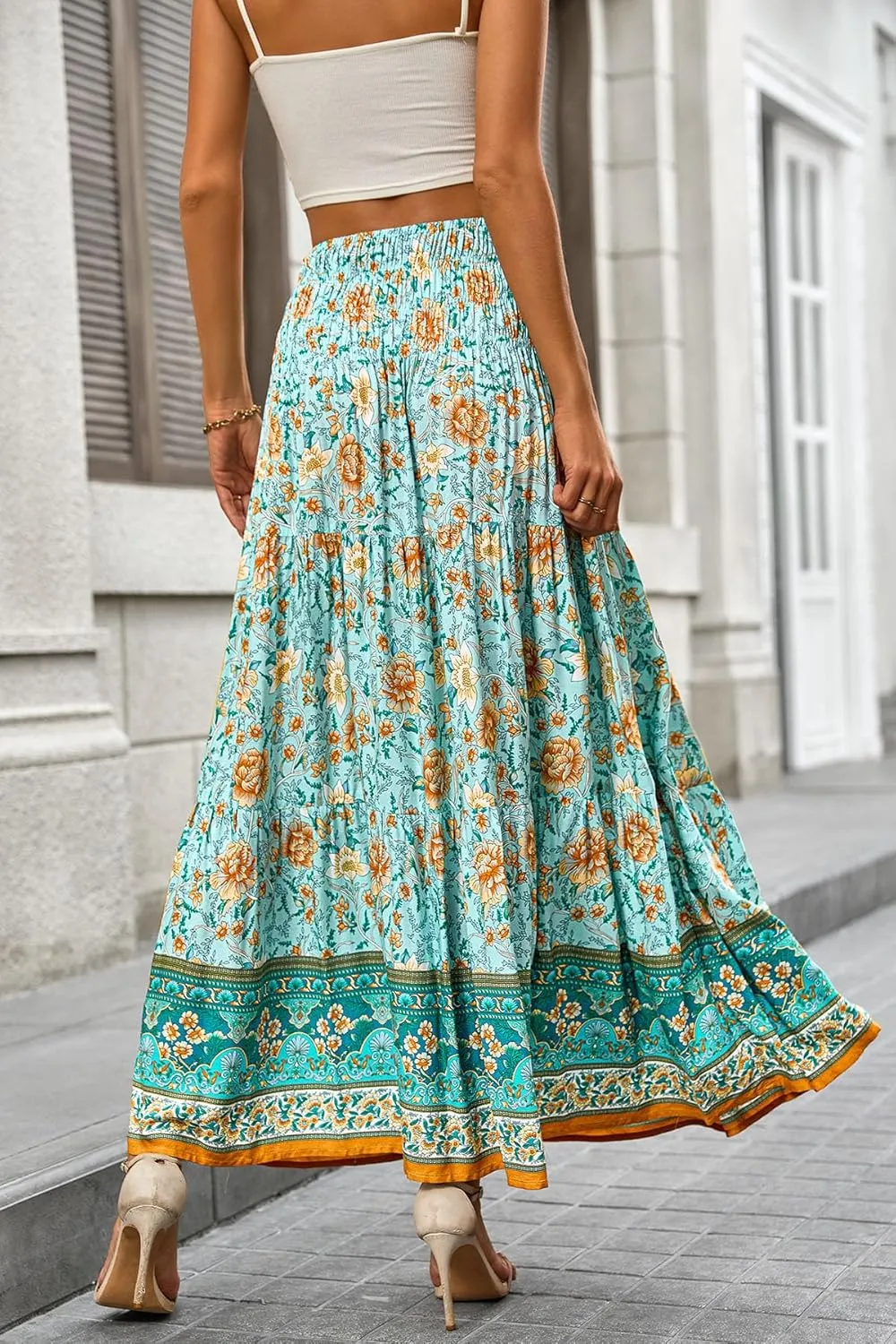 CFLONGE Women's 2025 Bohemian Long Skirts Flowy High Waist A Line Maxi Skirts for Women Summer Pleated Mini Skirts