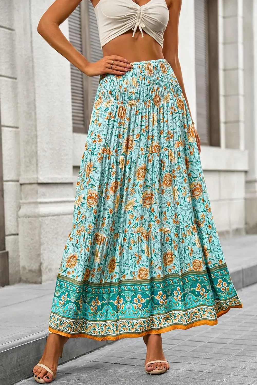 CFLONGE Women's 2025 Bohemian Long Skirts Flowy High Waist A Line Maxi Skirts for Women Summer Pleated Mini Skirts