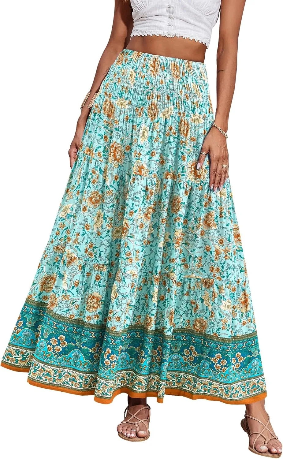 CFLONGE Women's 2025 Bohemian Long Skirts Flowy High Waist A Line Maxi Skirts for Women Summer Pleated Mini Skirts