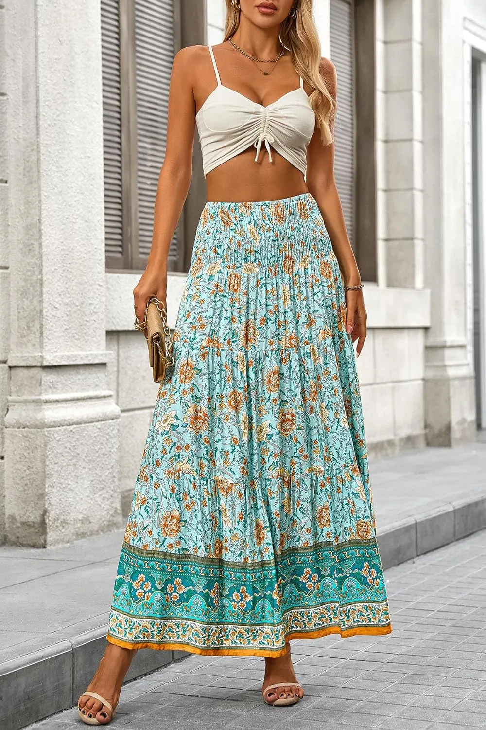 CFLONGE Women's 2025 Bohemian Long Skirts Flowy High Waist A Line Maxi Skirts for Women Summer Pleated Mini Skirts