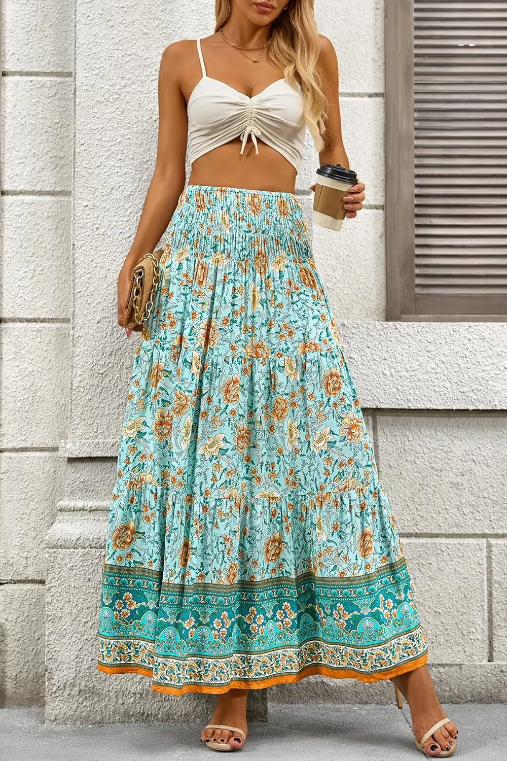 CFLONGE Women's 2025 Bohemian Long Skirts Flowy High Waist A Line Maxi Skirts for Women Summer Pleated Mini Skirts