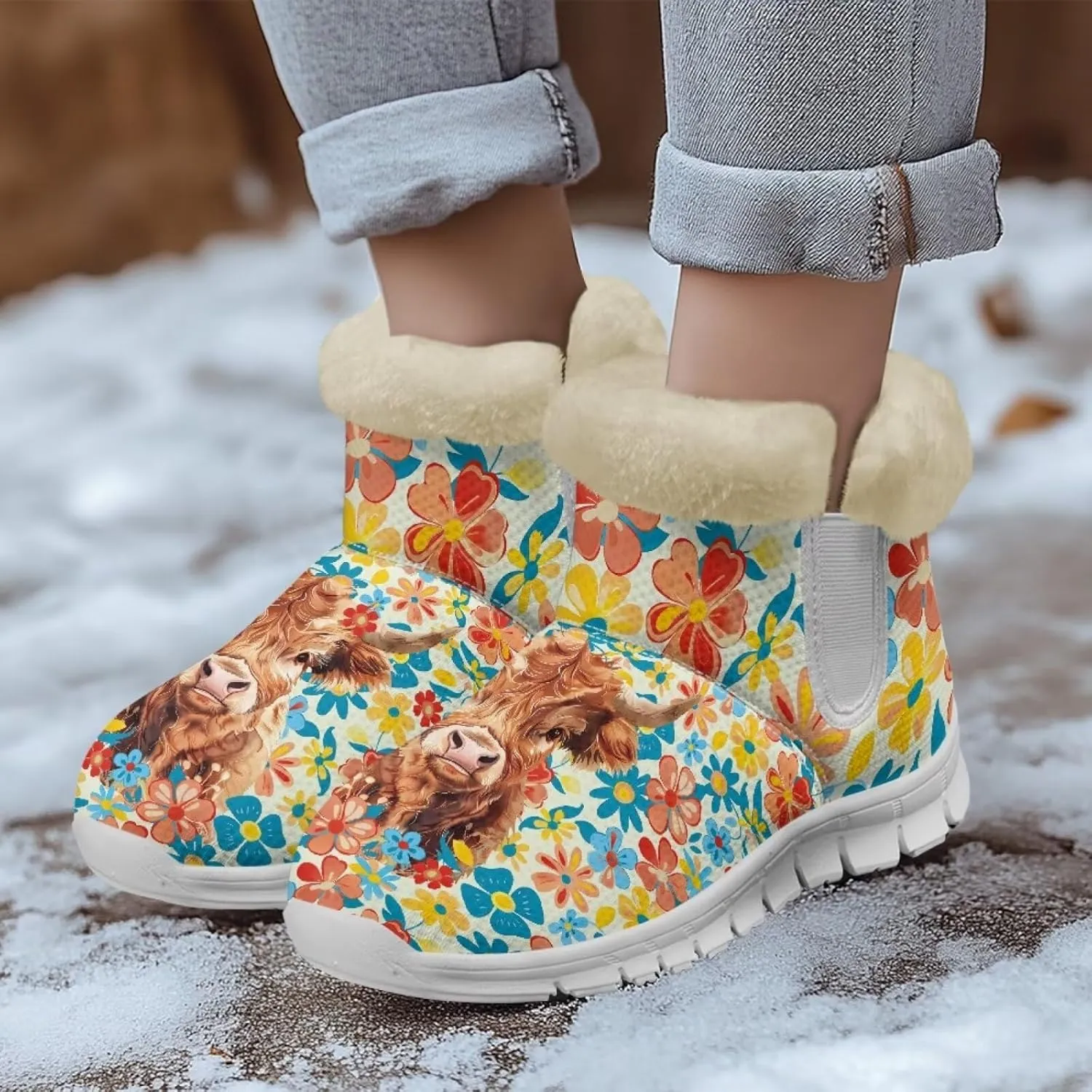chaqlin Sunflower Snow Boots Cow Winter Ankle Anti Slip Boots Womens Flat Heels Slip Resistant Warm Resistant Cold Weat Outdoor Boots