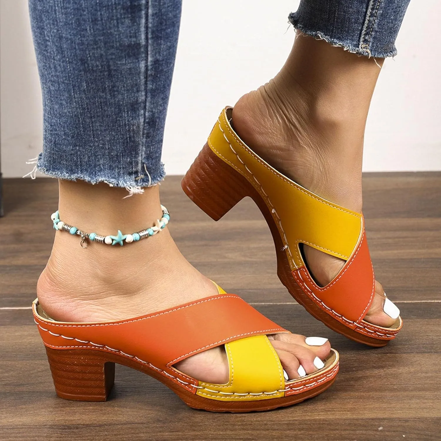 Chunky Heel Fish Mouth Women's Shoes Fashion Casual Hollow Open Heel Strap Stitching Color Spring Small Wedges for Women
