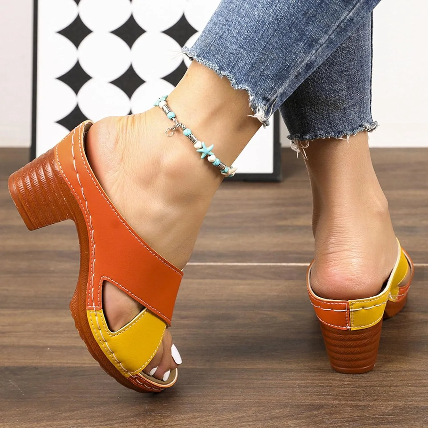 Chunky Heel Fish Mouth Women's Shoes Fashion Casual Hollow Open Heel Strap Stitching Color Spring Small Wedges for Women