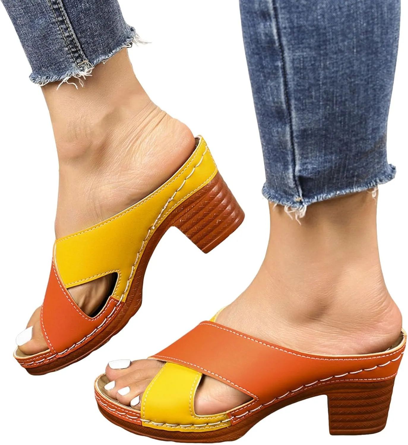 Chunky Heel Fish Mouth Women's Shoes Fashion Casual Hollow Open Heel Strap Stitching Color Spring Small Wedges for Women