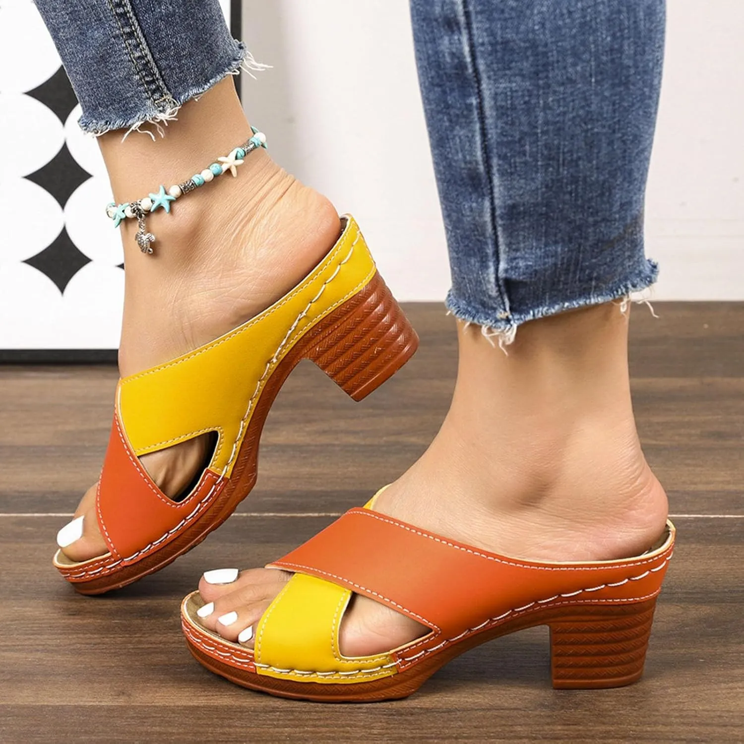 Chunky Heel Fish Mouth Women's Shoes Fashion Casual Hollow Open Heel Strap Stitching Color Spring Small Wedges for Women