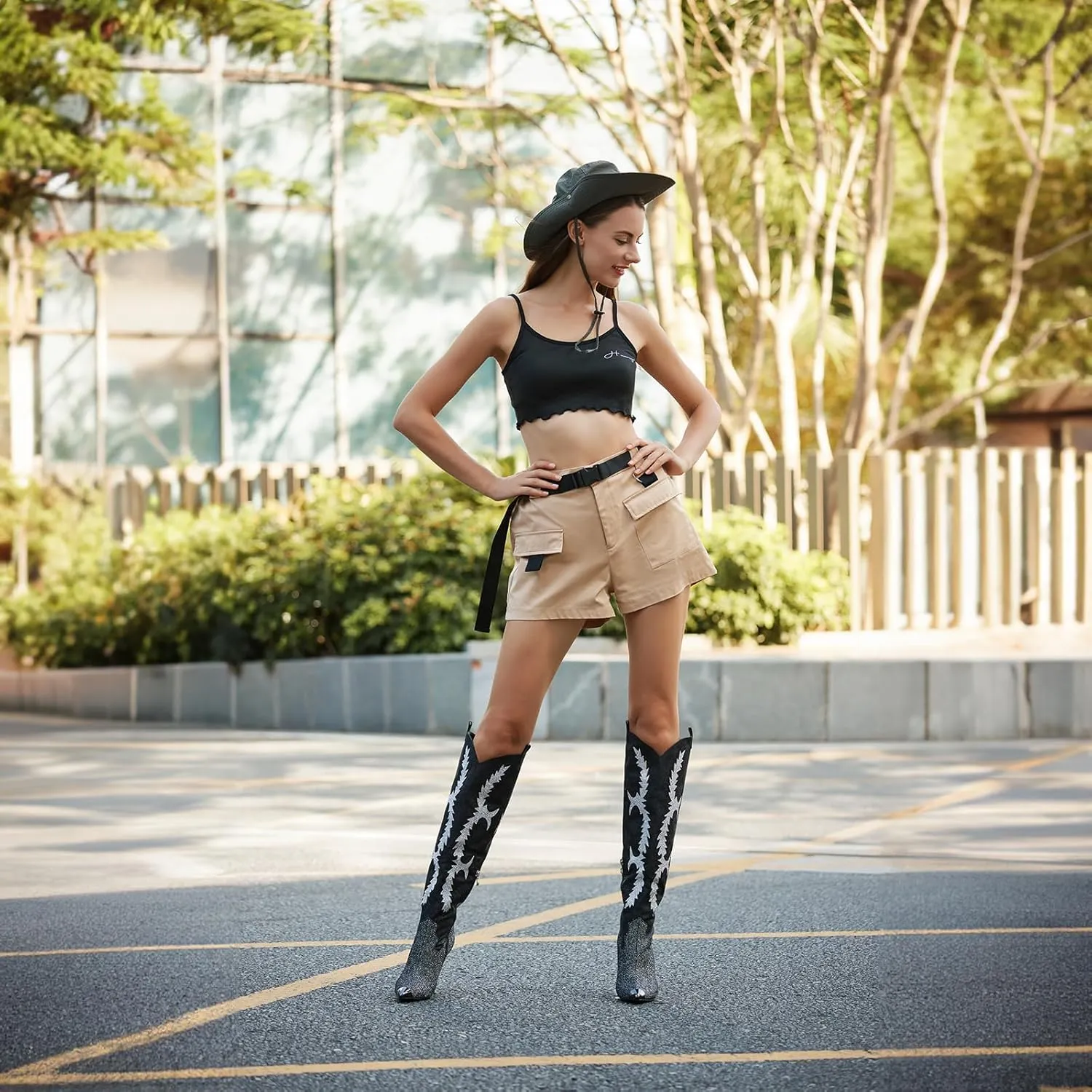 CKSNDLF Women's Western Cowboy Thigh High Boot Rhinestones Cowgirl Boots Glitter Sparkly Boots Over The Knee High Heel Pointed Toe Wedding Party Shoes