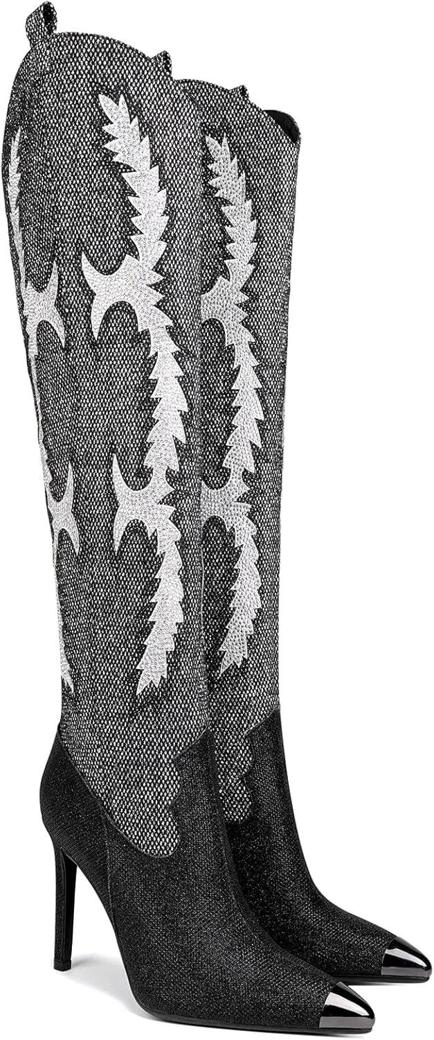 CKSNDLF Women's Western Cowboy Thigh High Boot Rhinestones Cowgirl Boots Glitter Sparkly Boots Over The Knee High Heel Pointed Toe Wedding Party Shoes