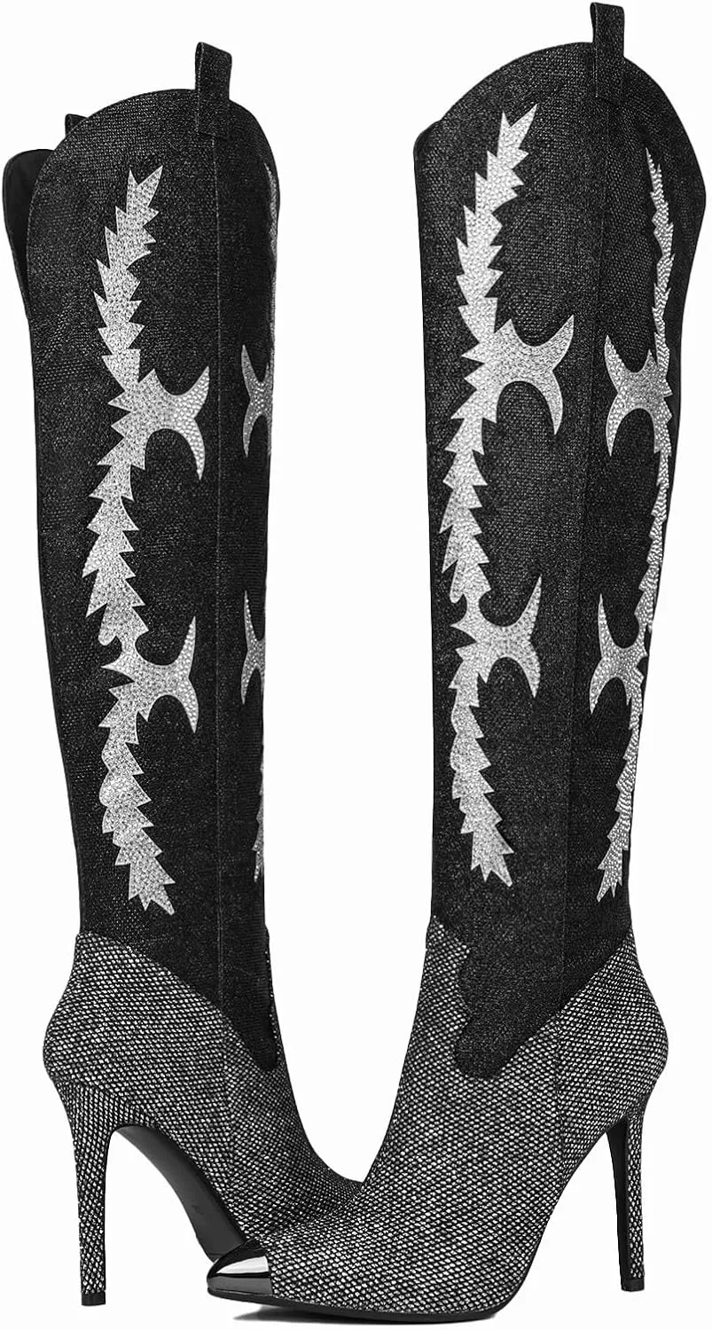 CKSNDLF Women's Western Cowboy Thigh High Boot Rhinestones Cowgirl Boots Glitter Sparkly Boots Over The Knee High Heel Pointed Toe Wedding Party Shoes