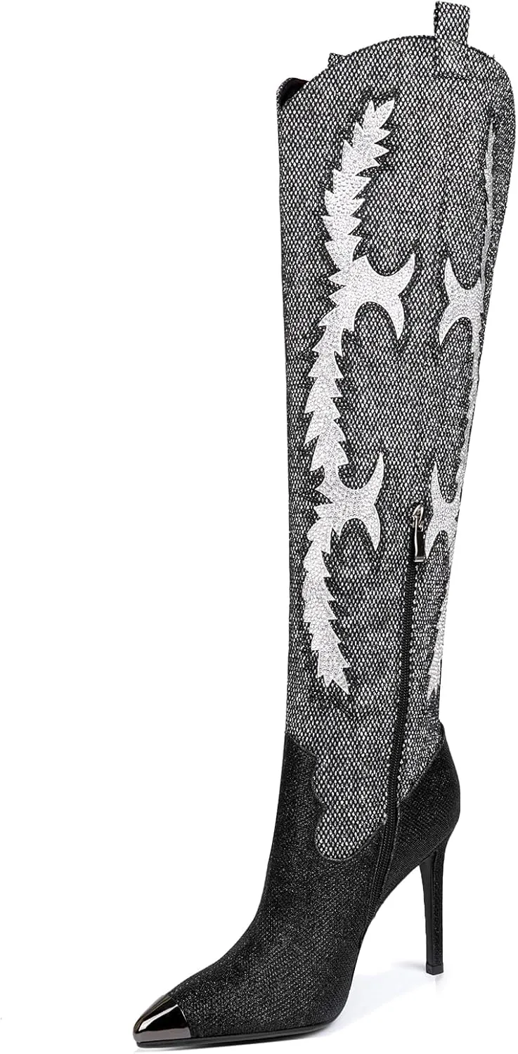 CKSNDLF Women's Western Cowboy Thigh High Boot Rhinestones Cowgirl Boots Glitter Sparkly Boots Over The Knee High Heel Pointed Toe Wedding Party Shoes