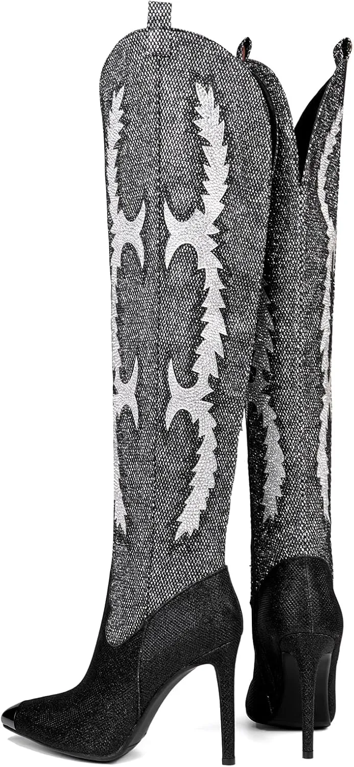 CKSNDLF Women's Western Cowboy Thigh High Boot Rhinestones Cowgirl Boots Glitter Sparkly Boots Over The Knee High Heel Pointed Toe Wedding Party Shoes