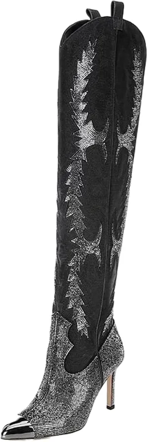 CKSNDLF Women's Western Cowboy Thigh High Boot Rhinestones Cowgirl Boots Glitter Sparkly Boots Over The Knee High Heel Pointed Toe Wedding Party Shoes