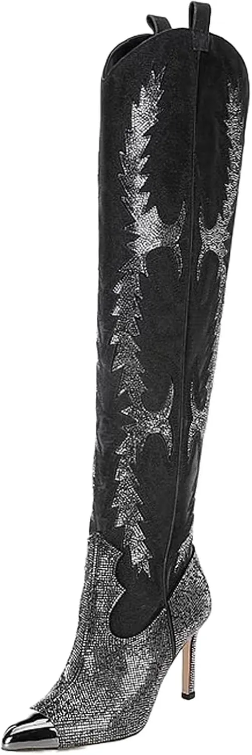 CKSNDLF Women's Western Cowboy Thigh High Boot Rhinestones Cowgirl Boots Glitter Sparkly Boots Over The Knee High Heel Pointed Toe Wedding Party Shoes
