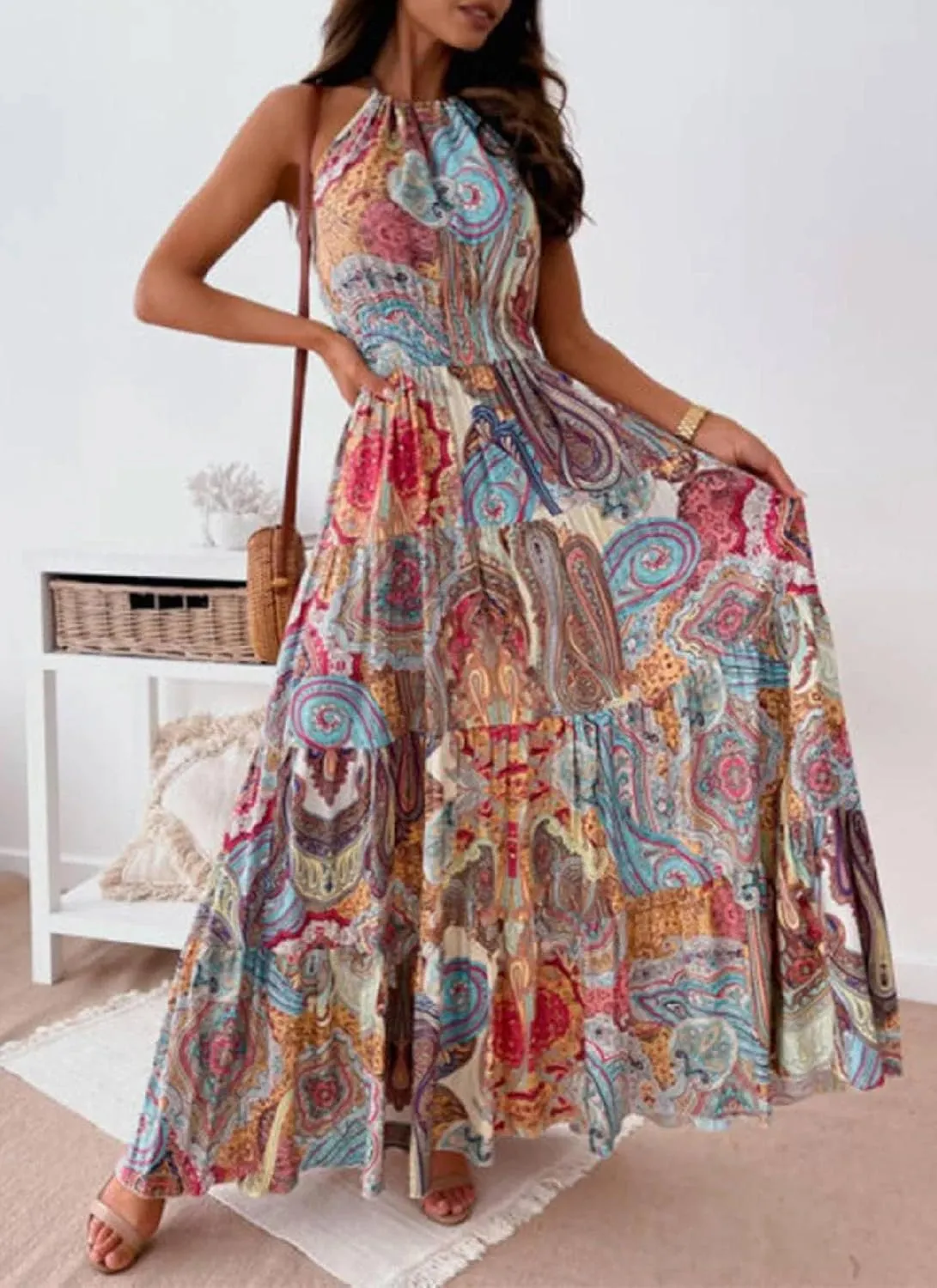 Classy Boho Paisley Print Sleeveless Halter Maxi Dress A Line Ruffle Ruched Flowy Hem Summer Dresses for Women