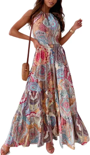 Classy Boho Paisley Print Sleeveless Halter Maxi Dress A Line Ruffle Ruched Flowy Hem Summer Dresses for Women