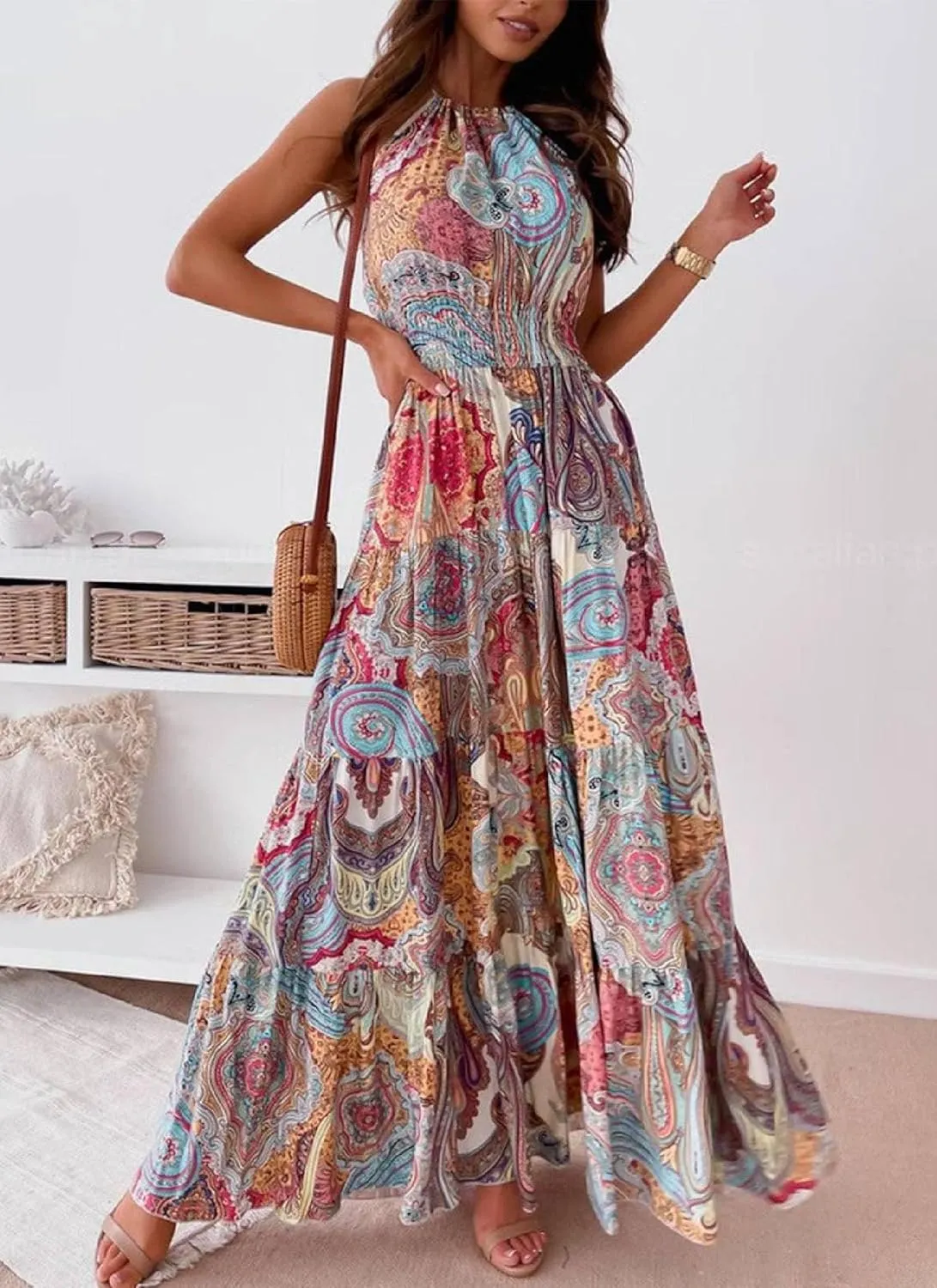 Classy Boho Paisley Print Sleeveless Halter Maxi Dress A Line Ruffle Ruched Flowy Hem Summer Dresses for Women