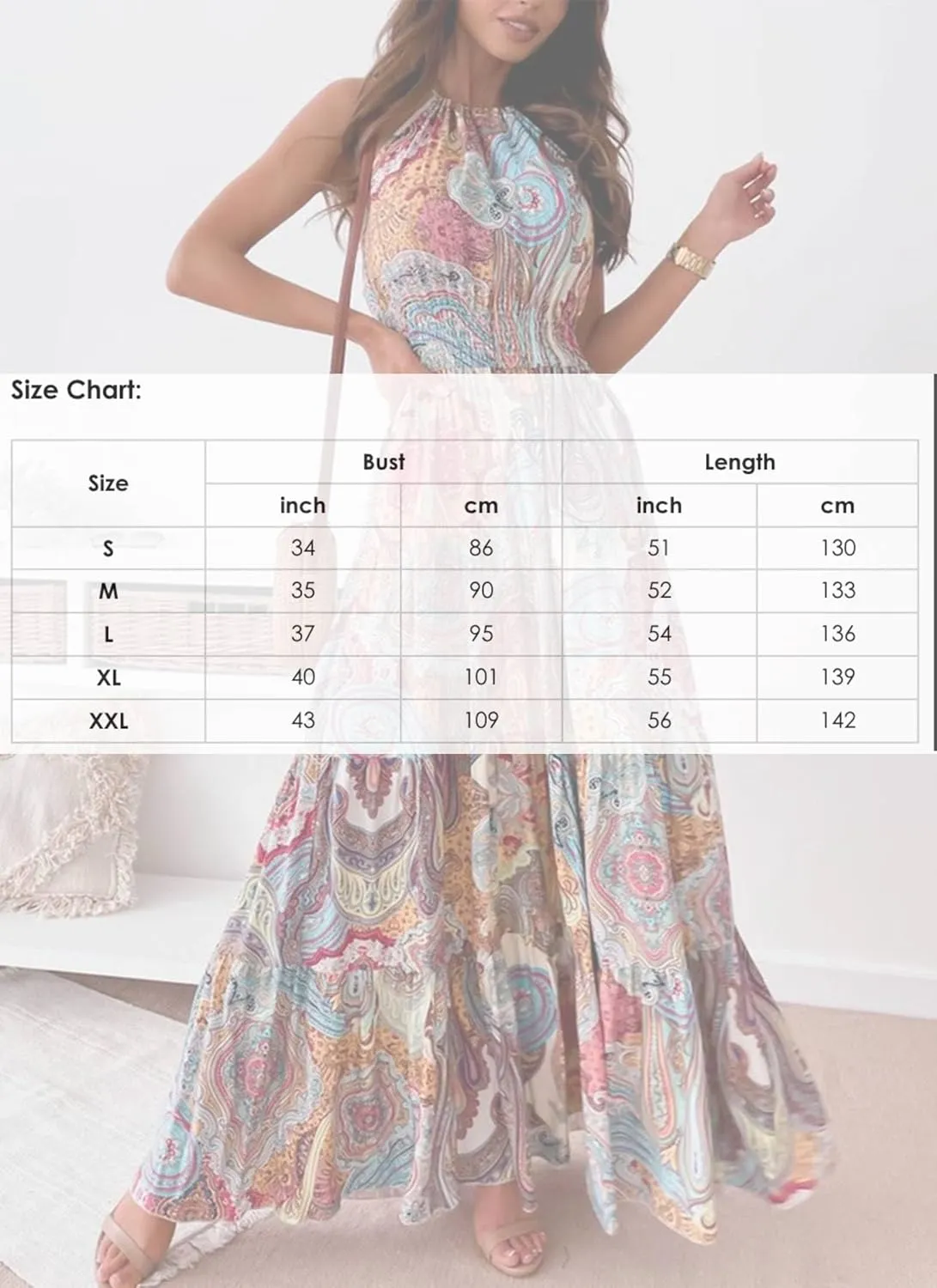 Classy Boho Paisley Print Sleeveless Halter Maxi Dress A Line Ruffle Ruched Flowy Hem Summer Dresses for Women