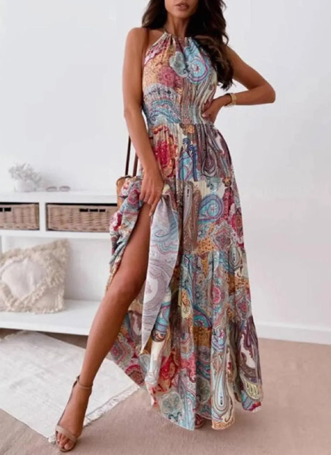 Classy Boho Paisley Print Sleeveless Halter Maxi Dress A Line Ruffle Ruched Flowy Hem Summer Dresses for Women