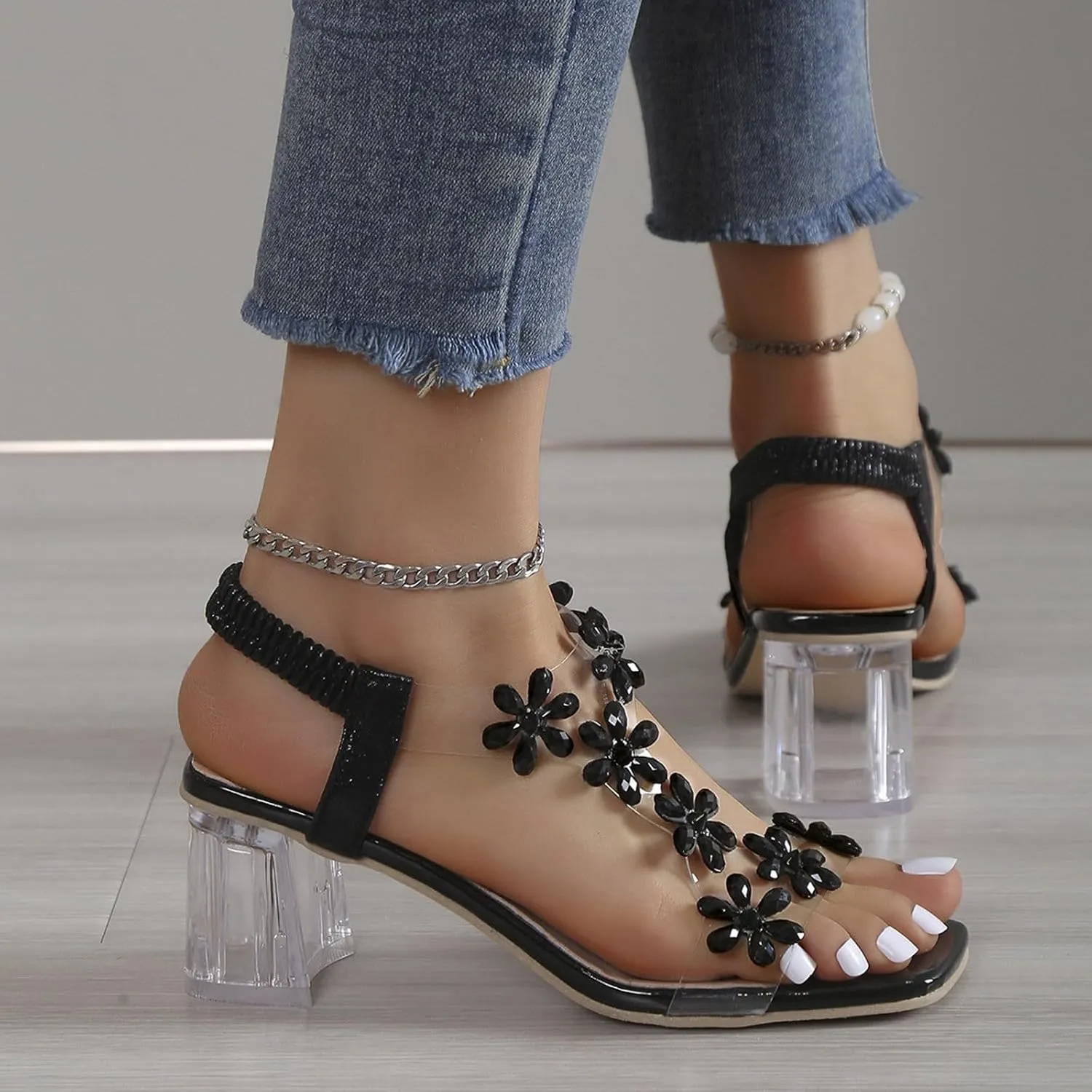 Clear Heels for Women Transparent Strap Rhinestone Block Chunky Square Heel Sandals Sparkly Square Open Toe Slip On Sandals Elastic Ankle Strap Summer Party Wedding Dress Flower Shoes