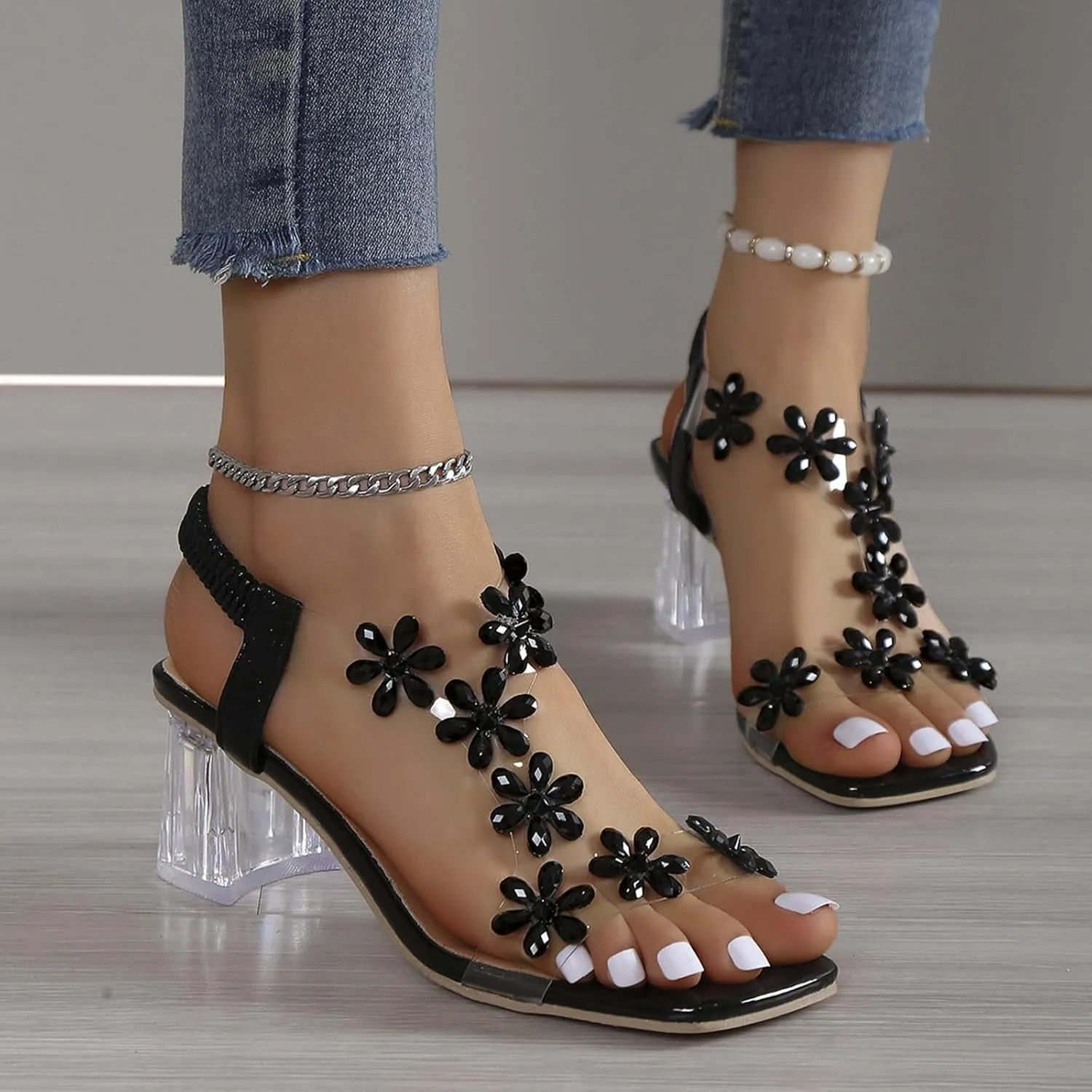 Clear Heels for Women Transparent Strap Rhinestone Block Chunky Square Heel Sandals Sparkly Square Open Toe Slip On Sandals Elastic Ankle Strap Summer Party Wedding Dress Flower Shoes