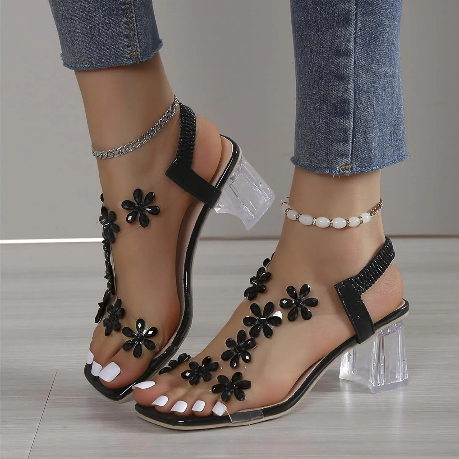 Clear Heels for Women Transparent Strap Rhinestone Block Chunky Square Heel Sandals Sparkly Square Open Toe Slip On Sandals Elastic Ankle Strap Summer Party Wedding Dress Flower Shoes