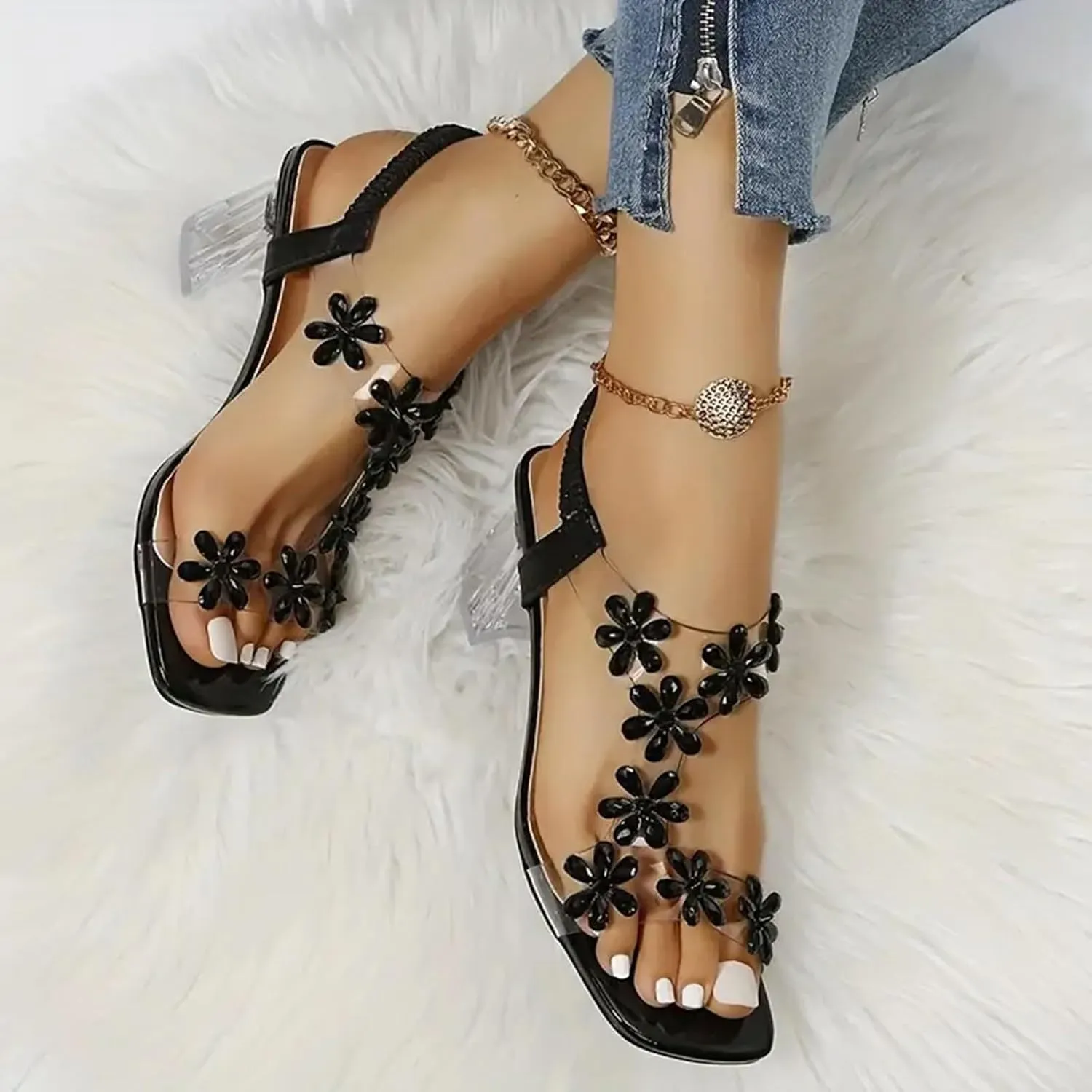 Clear Heels for Women Transparent Strap Rhinestone Block Chunky Square Heel Sandals Sparkly Square Open Toe Slip On Sandals Elastic Ankle Strap Summer Party Wedding Dress Flower Shoes