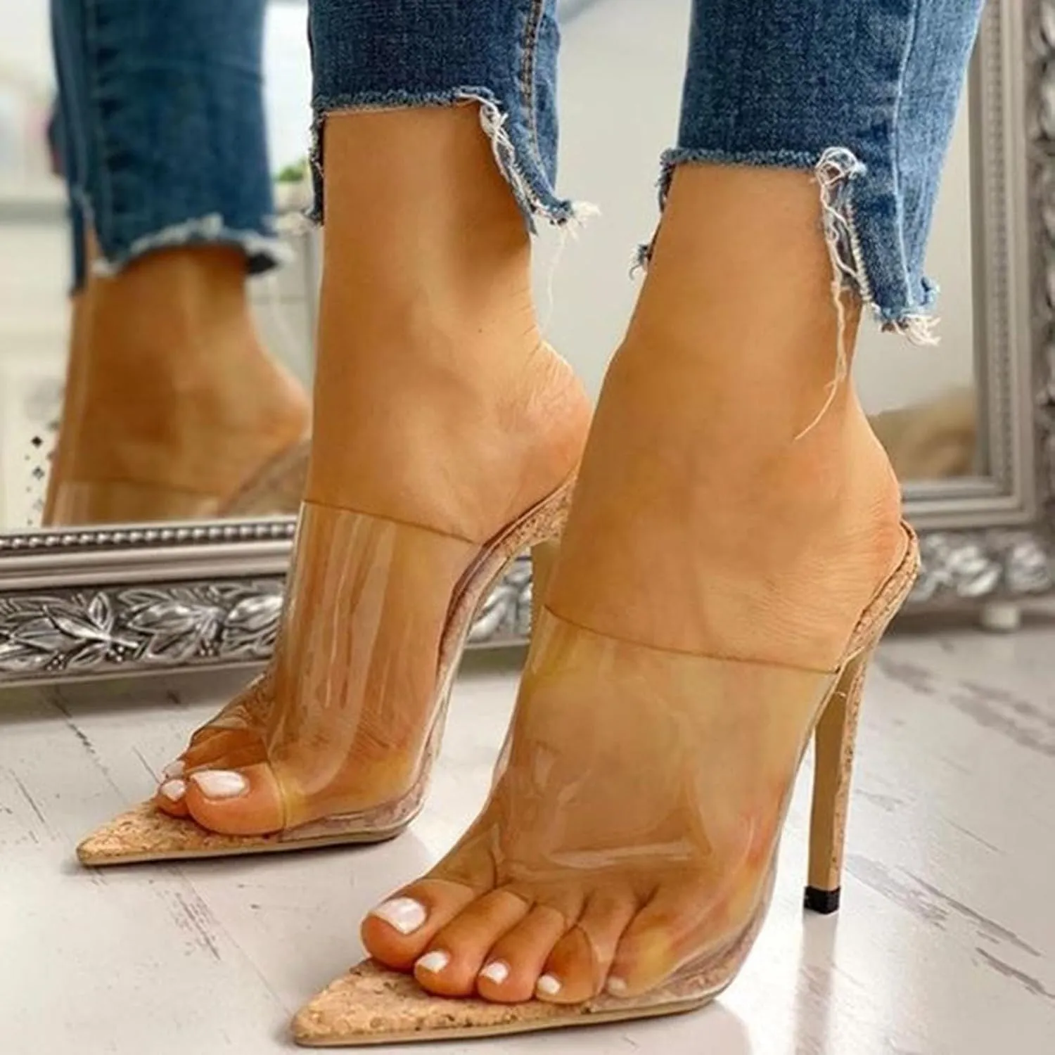 Clear Pointed Toe High Heels for Women 2025 Summer Sexy Stiletto Heel Slingback Sandals Ladies Comfy Dressy Sandals Open Toe Slip on Backless Mules Slipper for Wedding Bridal Evening Cocktail
