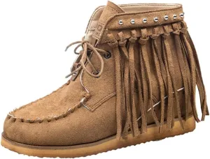 Comfortable Women Flat Ankle Boots with Tassles Suede Platform Lace Up Loafers Shoes Ladies Moccasins Slippers (Color : Khaki, Size : 9 US)