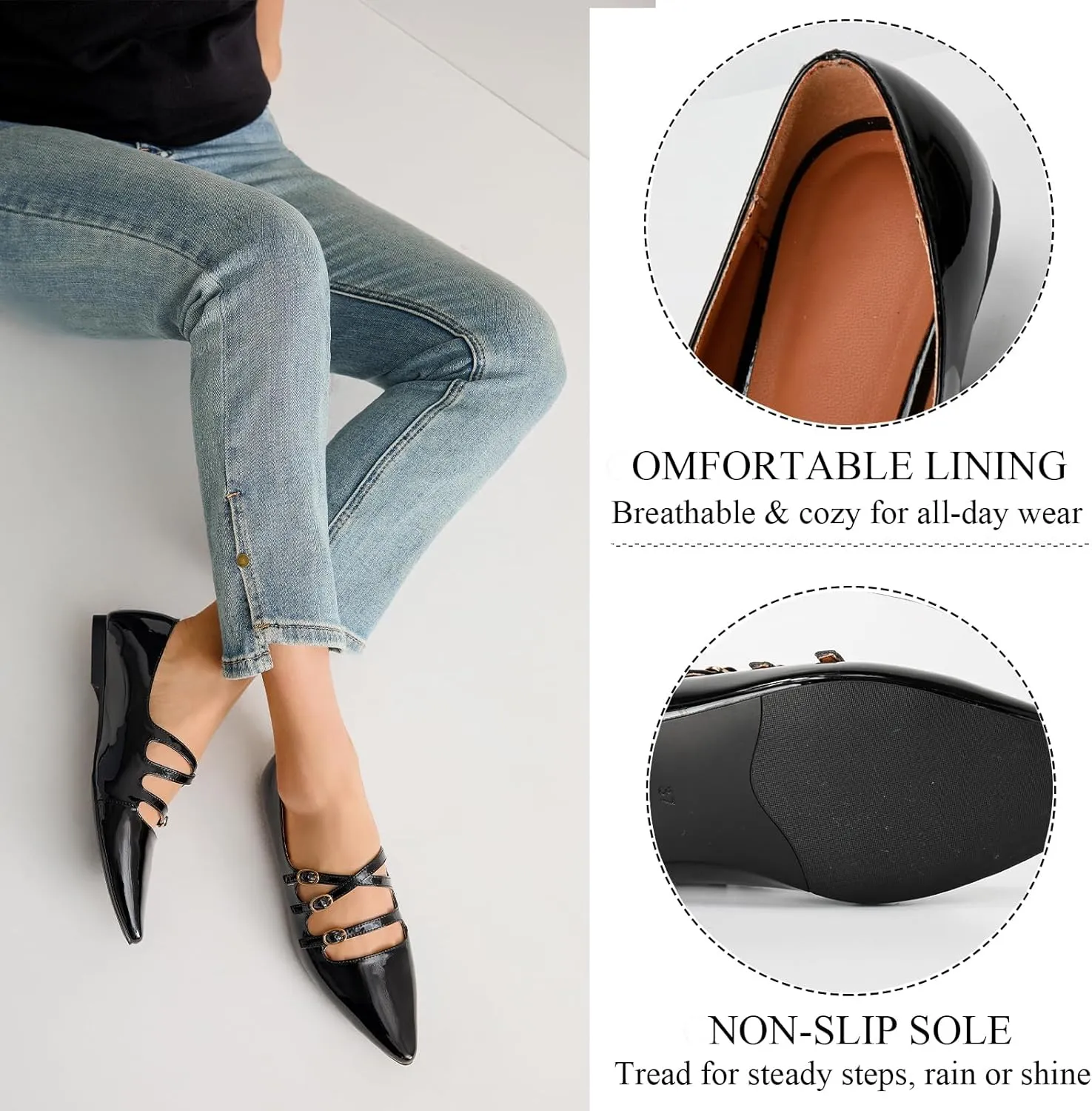CouieCuies Women's Mary Jane Flats Ballet Shoes with Buckle Dressy Comfortable Mary Janes Pointed Toe Flats Adjustable Strap Leather