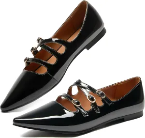 CouieCuies Women's Mary Jane Flats Ballet Shoes with Buckle Dressy Comfortable Mary Janes Pointed Toe Flats Adjustable Strap Leather