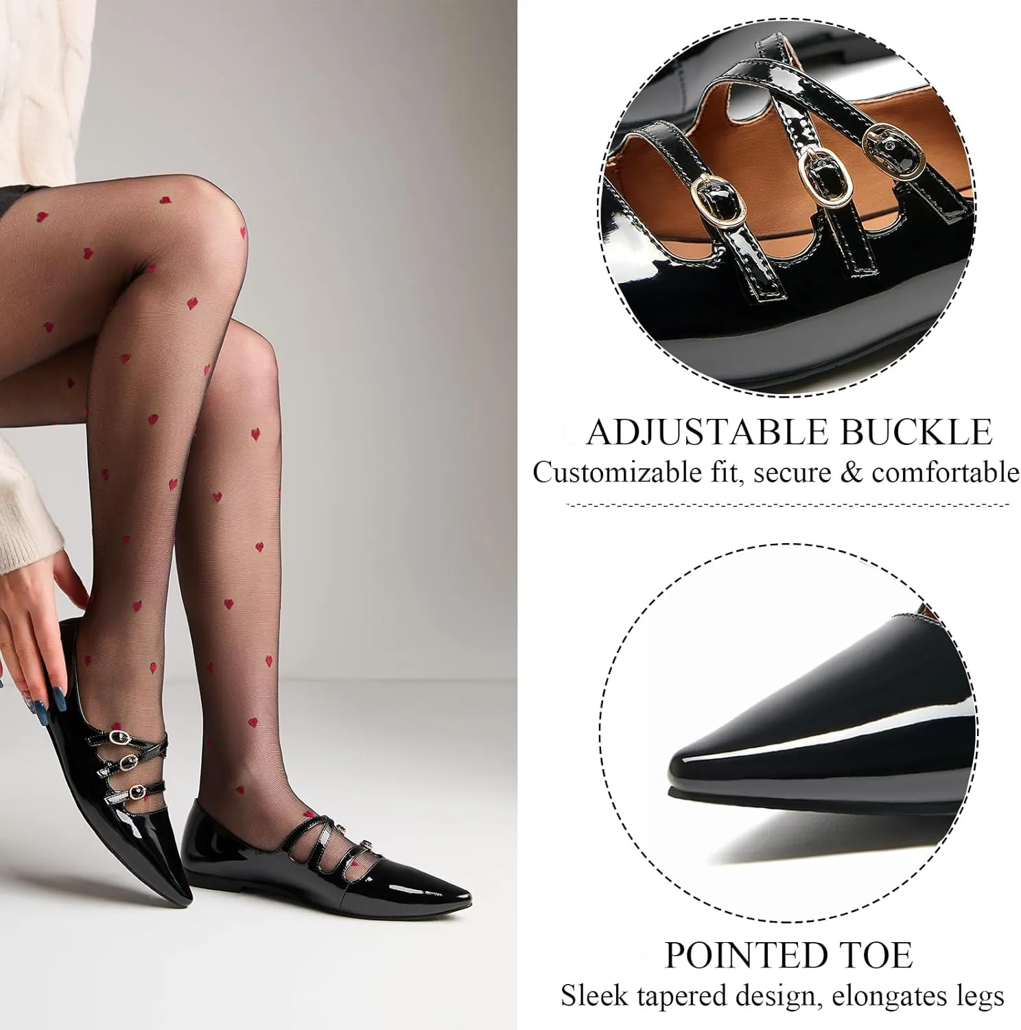 CouieCuies Women's Mary Jane Flats Ballet Shoes with Buckle Dressy Comfortable Mary Janes Pointed Toe Flats Adjustable Strap Leather