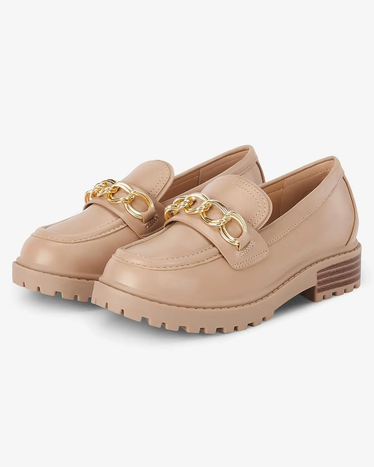 Coutgo Girl's Platform Penny Loafers School Uniform Flats Slip on Round Toe Metal Chain Dress Shoes