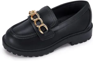 Coutgo Girl's Platform Penny Loafers School Uniform Flats Slip on Round Toe Metal Chain Dress Shoes