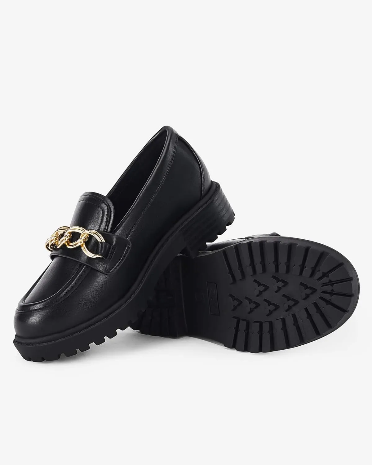 Coutgo Girl's Platform Penny Loafers School Uniform Flats Slip on Round Toe Metal Chain Dress Shoes