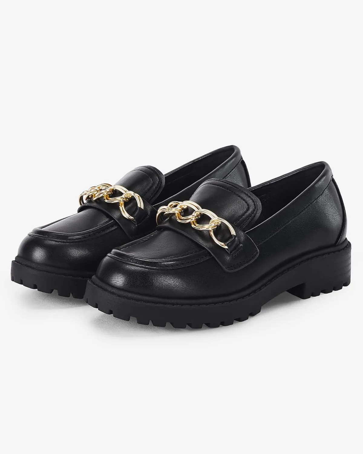 Coutgo Girl's Platform Penny Loafers School Uniform Flats Slip on Round Toe Metal Chain Dress Shoes