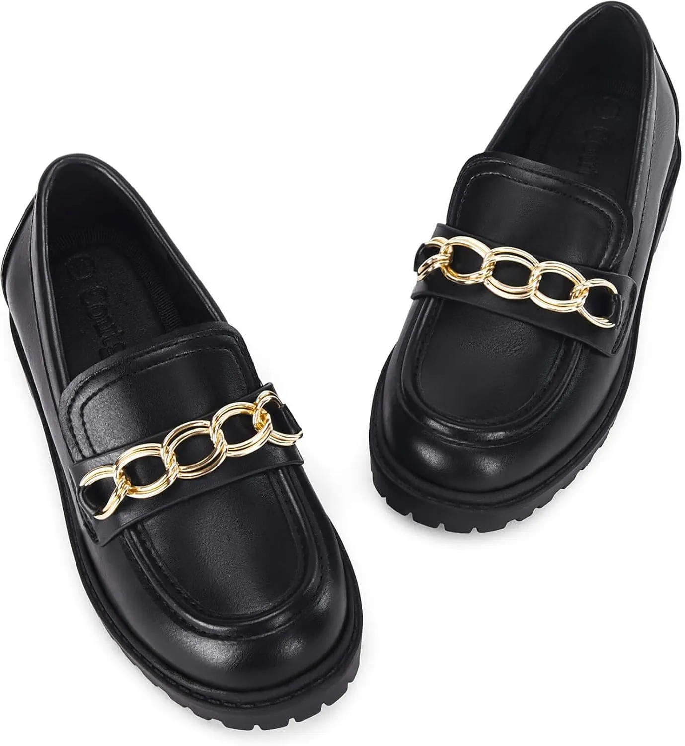 Coutgo Girl's Platform Penny Loafers School Uniform Flats Slip on Round Toe Metal Chain Dress Shoes
