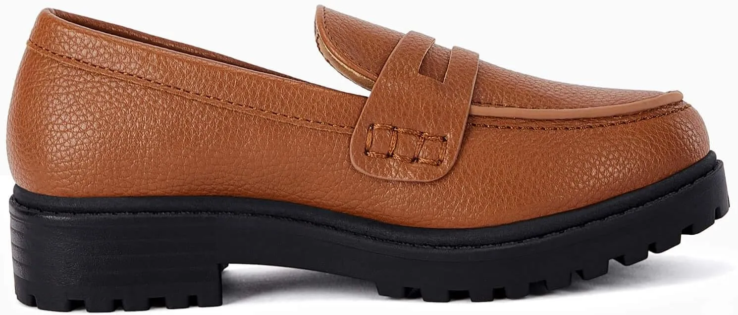 Coutgo Girls Slip On Penny Loafers Comfort Round Toe Platform School Uniform Dress Shoes
