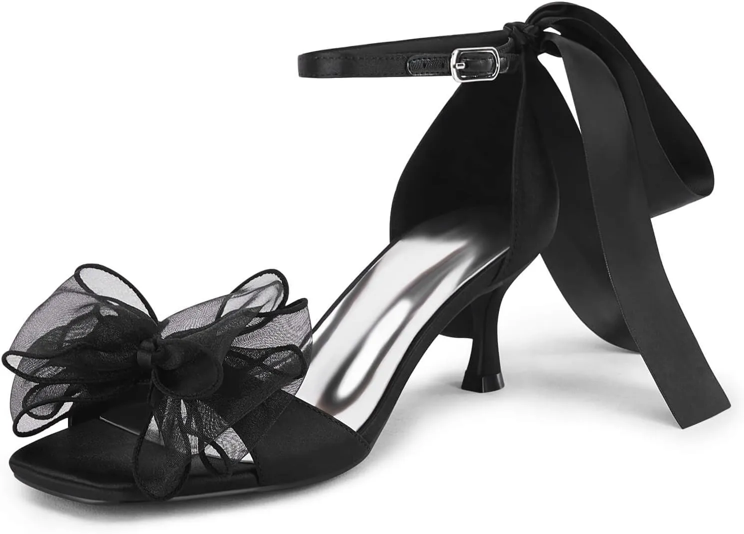 Coutgo Womens Bow Kitten Heels Sandals Square Open Toe Ankle Strap Satin Ribbon Wedding Dress Shoes