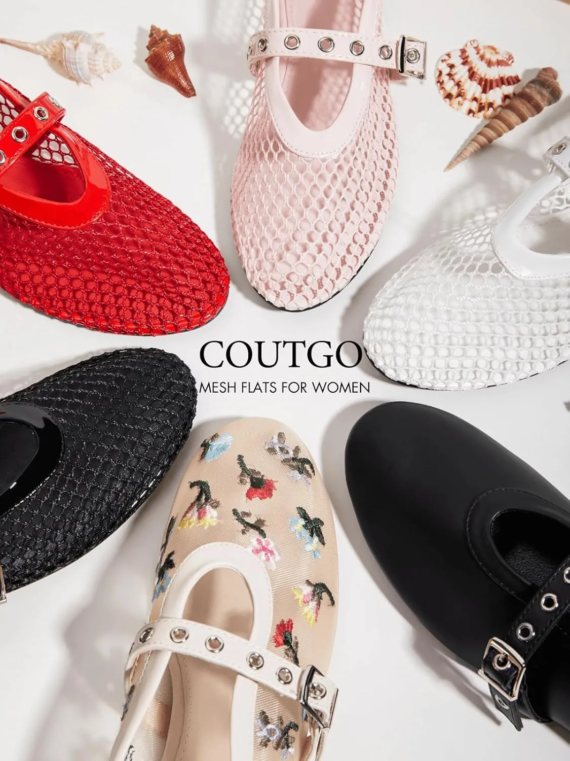 Coutgo Womens Mesh Ballet Flats Mary Jane Fishnet Ballerina Buckle Strap Comfortable Causal Dress Shoes